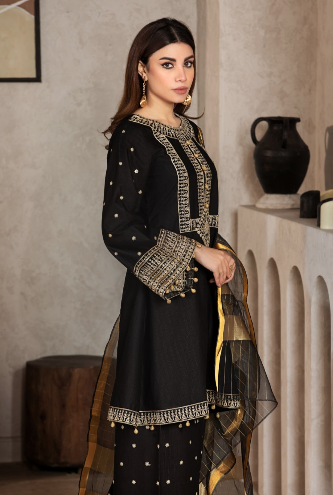 Black 3 Pc Cambric Cotton Embroidered Dress - Heera's