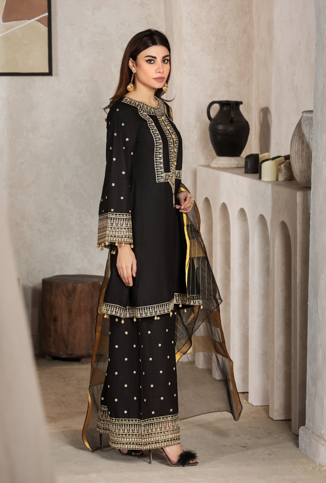 Black 3 Pc Cambric Cotton Embroidered Dress - Heera's