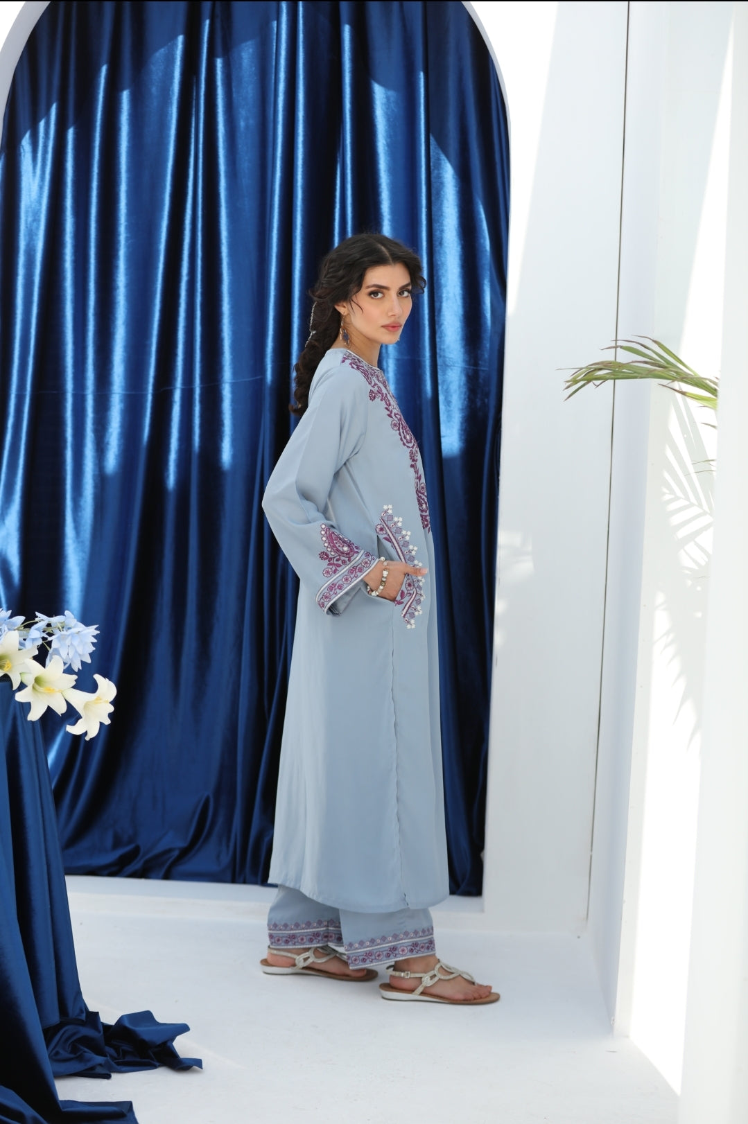 Ice Blue 2 Pc Ready to wear Embroidered Grip Cotton Outfit - Umnaa