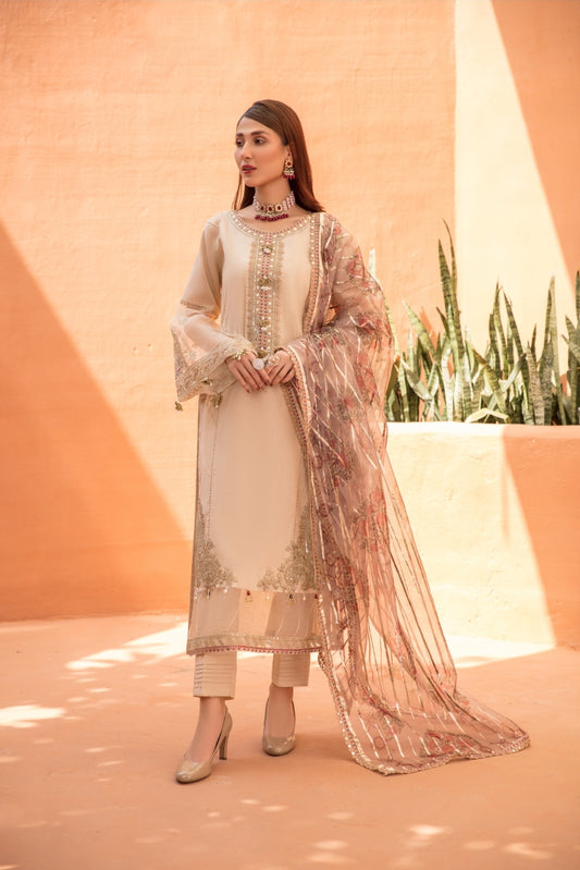 (BEIGE) 3 Pc "NAKHRA" Embroidered Luxury Lawn By Simrans