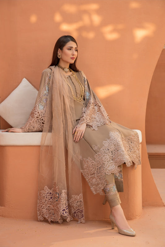 (CARAMEL) 3 Pc "NAKHRA" Embroidered Luxury Lawn By Simrans