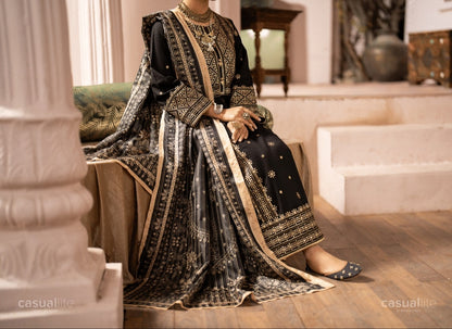 (Black) 3 Pc Embroidered Cotton Collection - Casual lite
