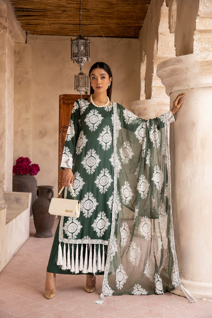 (GREEN) 3 Pc "Chand" Embroidered Linen Collection By SIMRANS