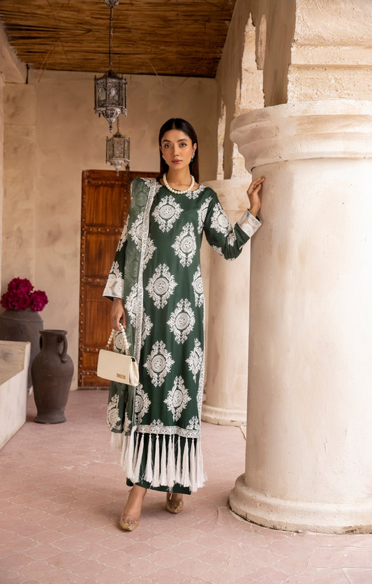 (GREEN) 3 Pc "Chand" Embroidered Linen Collection By SIMRANS