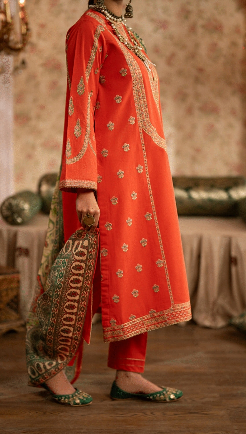(Orange) 3 Pc Embroidered Cotton Collection - Casual lite