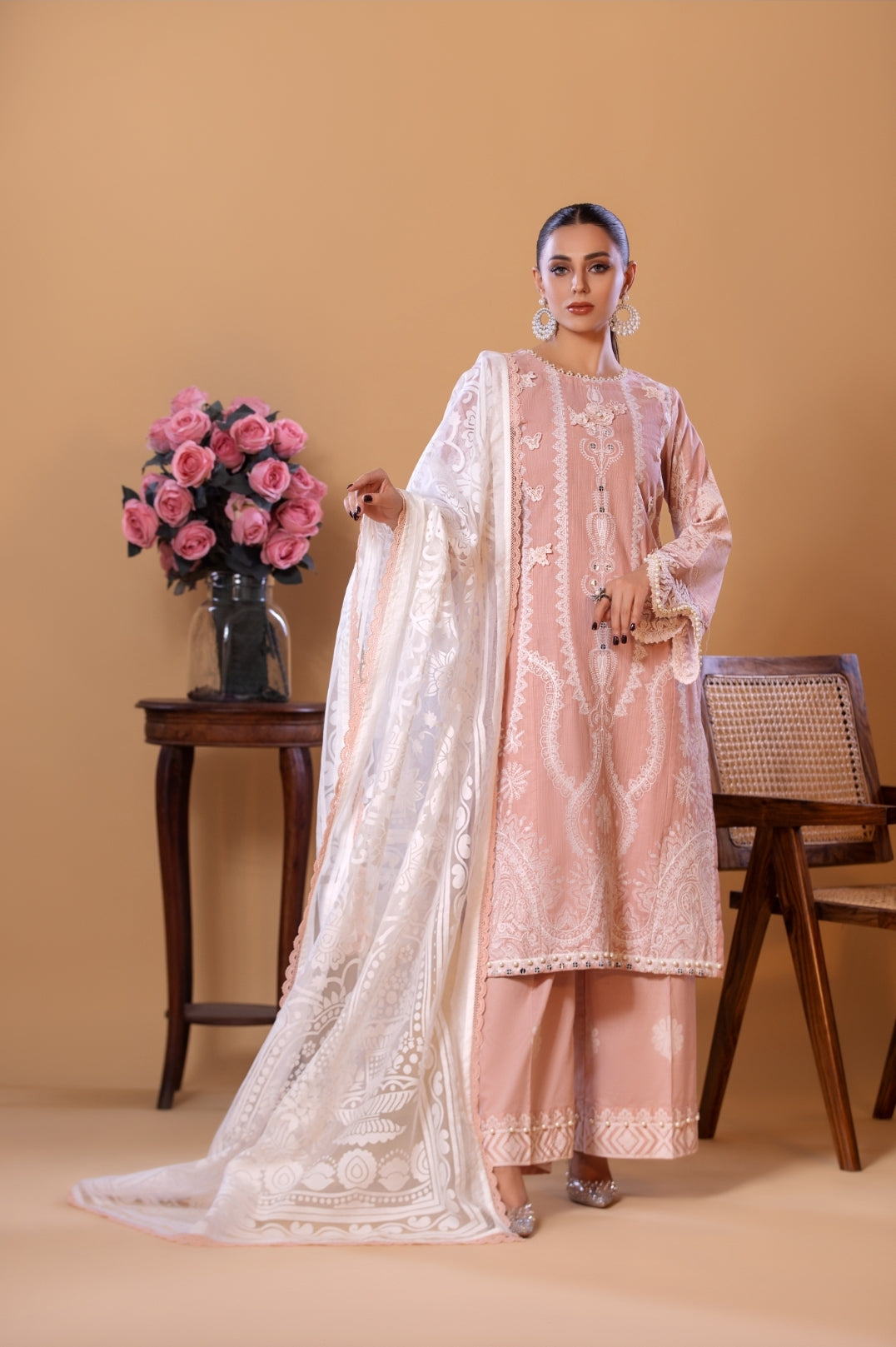 (Peach) 3 Pc Cotton Embroidered Dress - Heera's