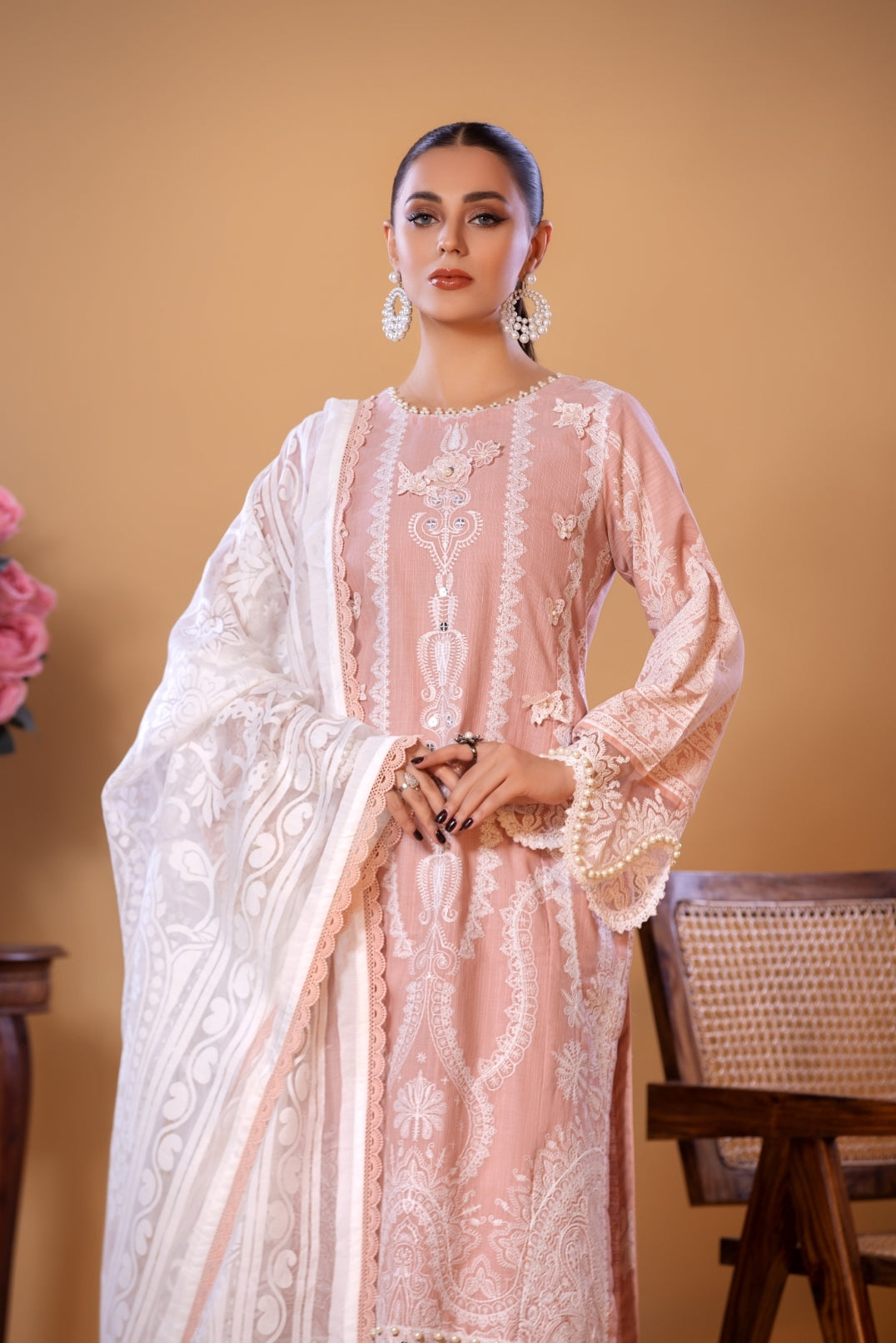 (Peach) 3 Pc Cotton Embroidered Dress - Heera's