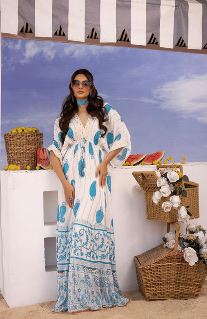(Cream with Cool Blue) "Summer Sizzler" Long kaftan Style Maxi-By Simrans