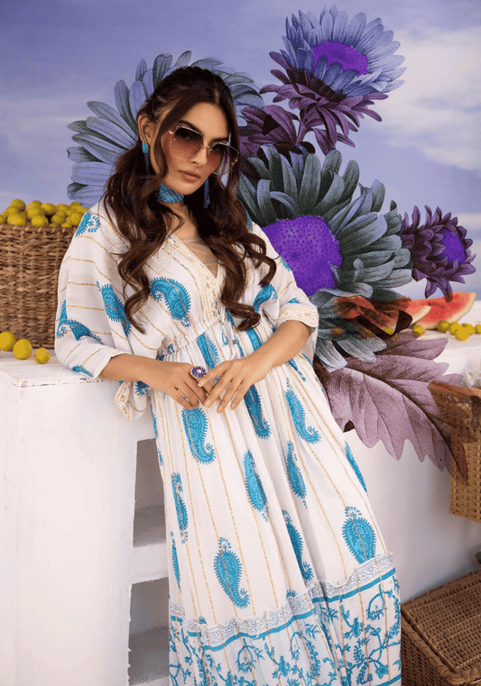 (Cream with Cool Blue) "Summer Sizzler" Long kaftan Style Maxi-By Simrans