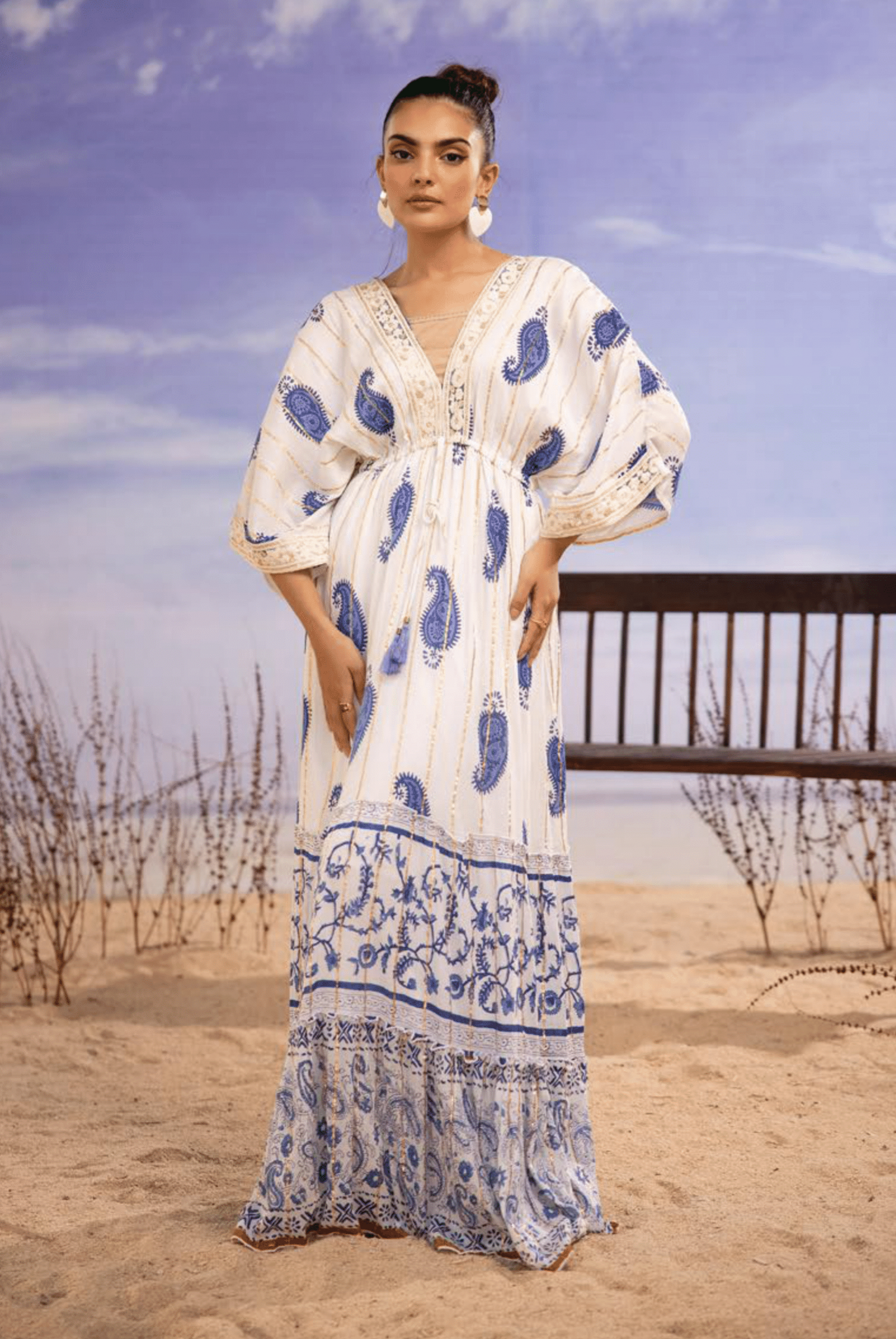 (Cream with Blue) "Summer Sizzler" Long kaftan Style Maxi-By Simrans