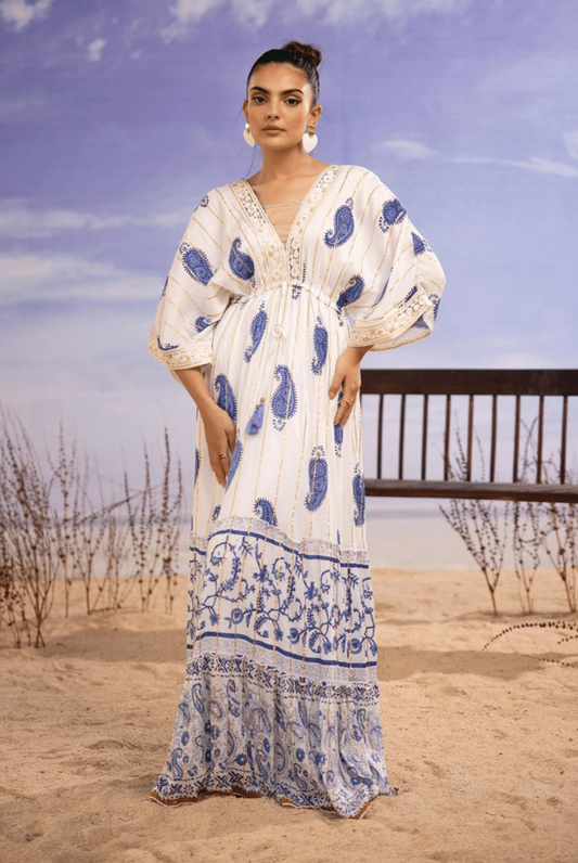 (Cream with Blue) "Summer Sizzler" Long kaftan Style Maxi-By Simrans