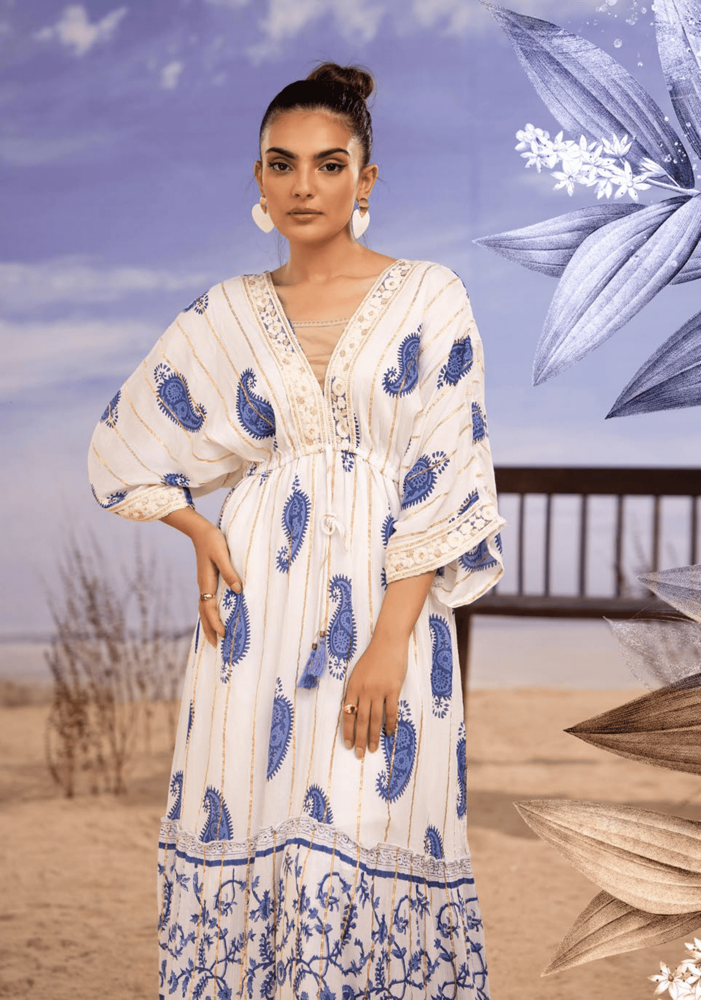 (Cream with Blue) "Summer Sizzler" Long kaftan Style Maxi-By Simrans