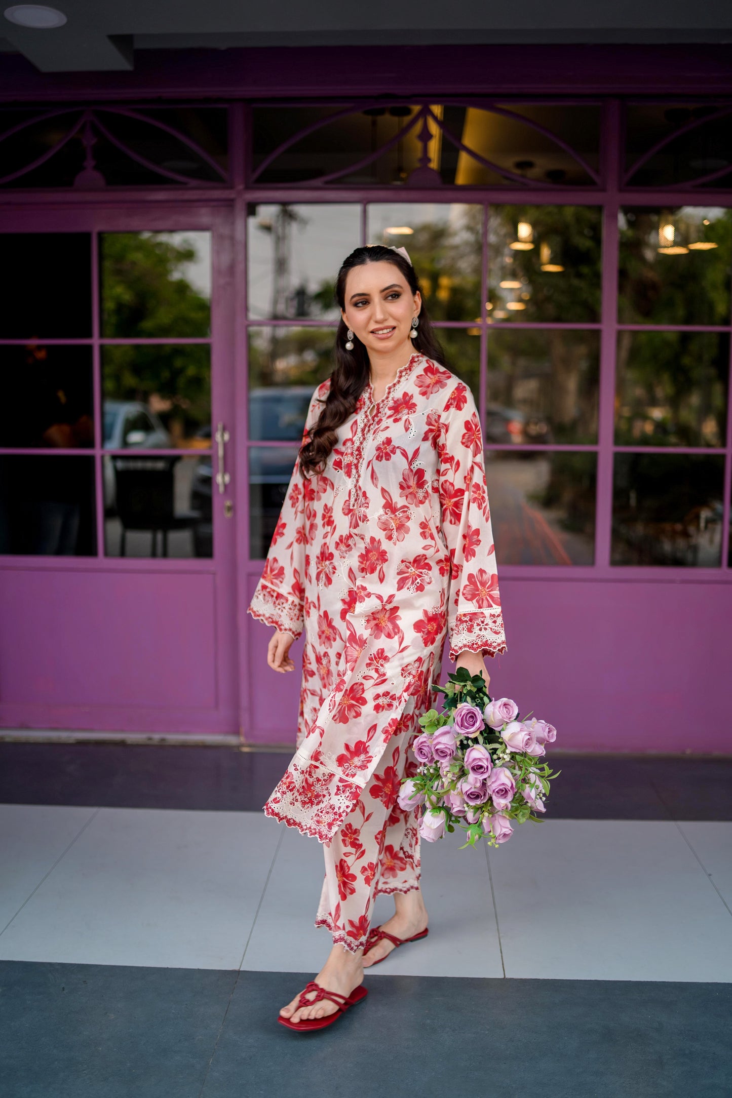 (White & Red) 2 Pc | Ready to Wear | Embroidered Printed | Cambric Shirt & Trouser | Lakhany