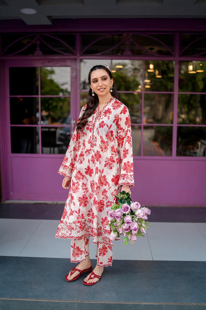 (White & Red) 2 Pc | Ready to Wear | Embroidered Printed | Cambric Shirt & Trouser | Lakhany