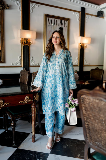 (Blue) 2 Pc | Ready to Wear | Embroidered Printed | Cambric Shirt & Trouser | Lakhany