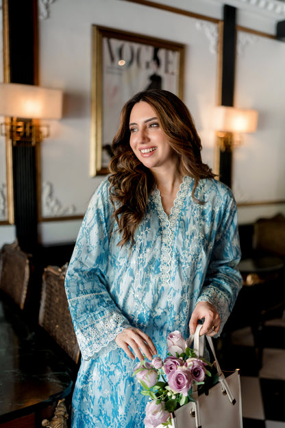 (Blue) 2 Pc | Ready to Wear | Embroidered Printed | Cambric Shirt & Trouser | Lakhany