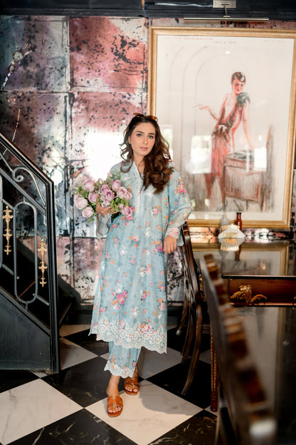 (Light Blue) 2 Pc | Ready to Wear | Embroidered Printed | Cambric Shirt & Trouser | Lakhany