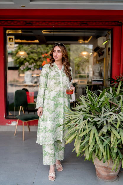 (Green & White) 2 Pc | Ready to Wear | Embroidered Printed | Cambric Shirt & Trouser | Lakhany
