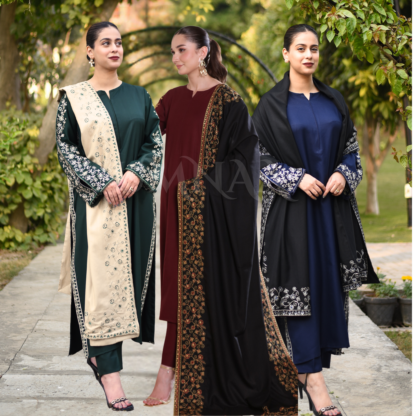 UA-29 3 Pc Embroidered Dhanak Dress with Embroidered Dhanak Shawl Pakistani Dress | UMNAA