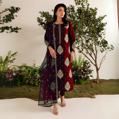 UA-40 3 Pc Embroidered dhanak Collection  | Ready to Wear | UMNAA