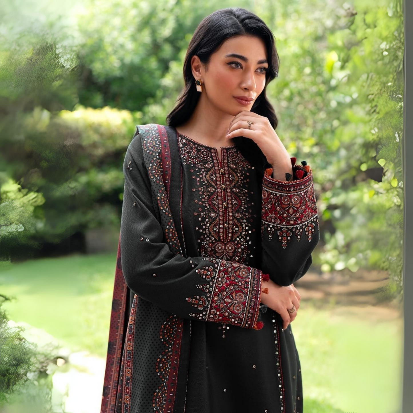 UA-41 (Black) 3 Pc Embroidered Dhanak with Printed Karandi shawl Collection  | Ready to Wear | UMNAA