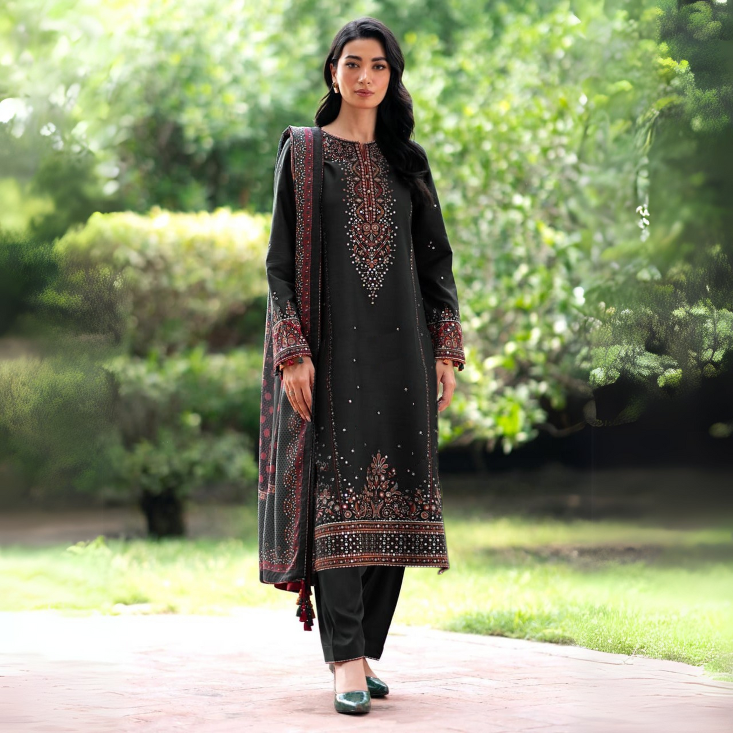 UA-41 (Black) 3 Pc Embroidered Dhanak with Printed Karandi shawl Collection  | Ready to Wear | UMNAA