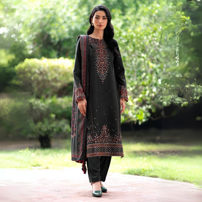 UA-41 (Black) 3 Pc Embroidered Dhanak with Printed Karandi shawl Collection  | Ready to Wear | UMNAA