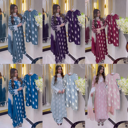 UA-57 3 Pc Luxury mother daughter Embroidered Linen Collection- Umnaa