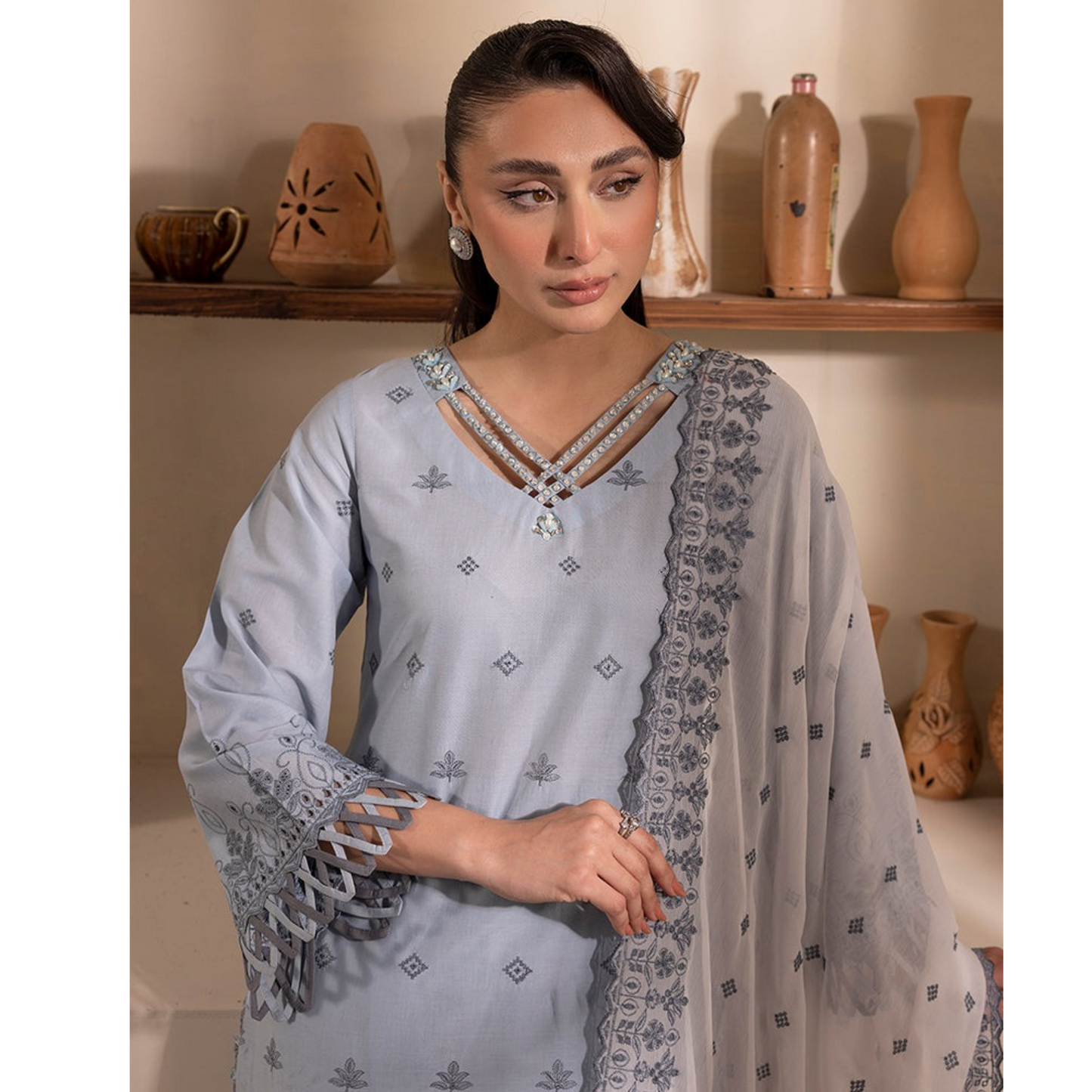 UAL-01 3 Pc Embroidered Chikenkari Cotton Ready to Wear Dress | ALLY'S