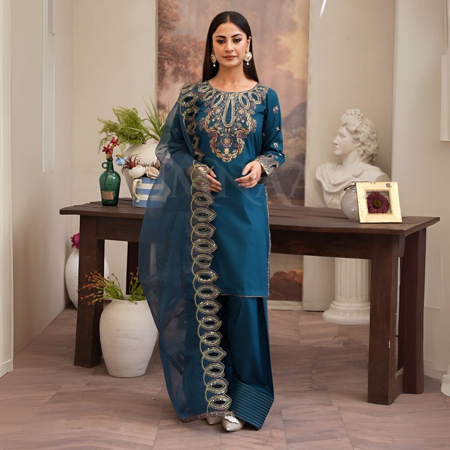 (Teal Blue) Luxury Cambric Cotton Farshi Shalwar Ready to Wear Pakistani Dress | Umnaa