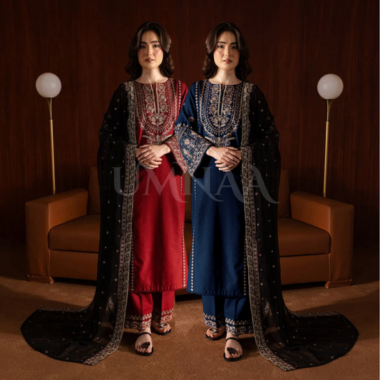 UA-78 3 Pc Embroidered Cambric Cotton Collection  | Ready to Wear | UMNAA