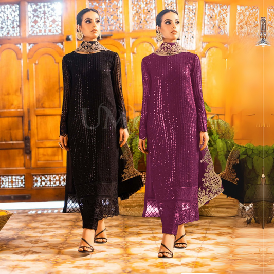 UA-101 Azure Inspired Embroidered Chiffon 3 Pc Dress | UMNAA