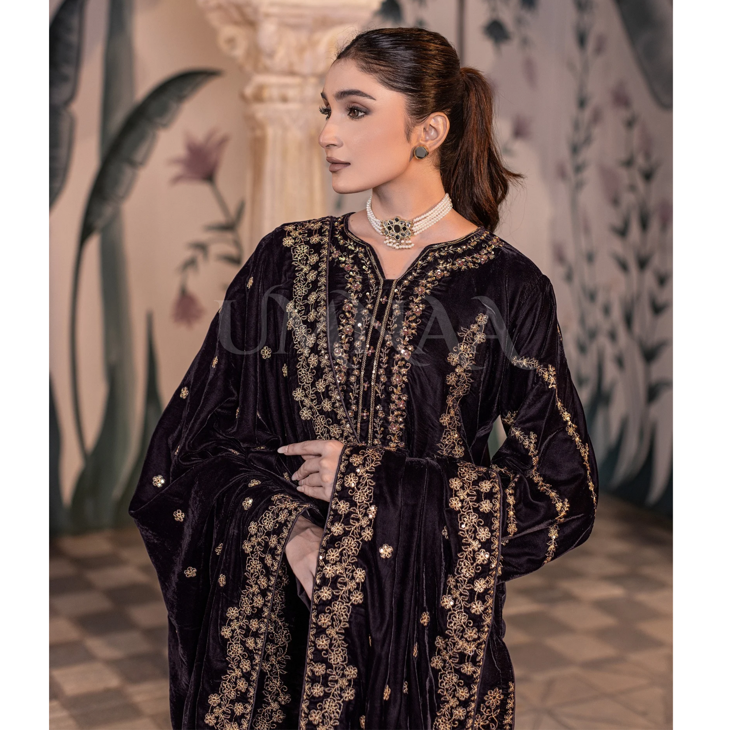 UA-123 Luxury Embroidered Micro Velvet Collection Pakistani Festive Partywear Dress by Umnaa