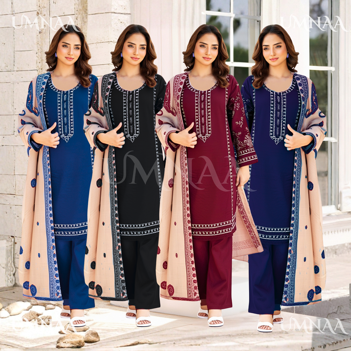 UA-137 Dhanak dress with Kashmiri Wool Shawl by Umnaa | Ready to Wear | Asian Clothes