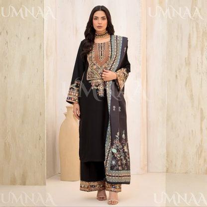 UA-144 Embroidered Luxury Dhanak dress with Pashmina Shawl | Umnaa