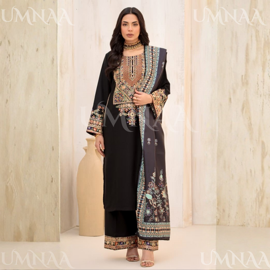 UA-144 Embroidered Luxury Dhanak dress with Pashmina Shawl | Umnaa