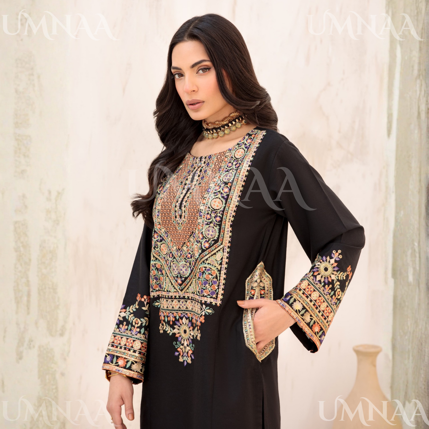 UA-144 Embroidered Luxury Dhanak dress with Pashmina Shawl | Umnaa