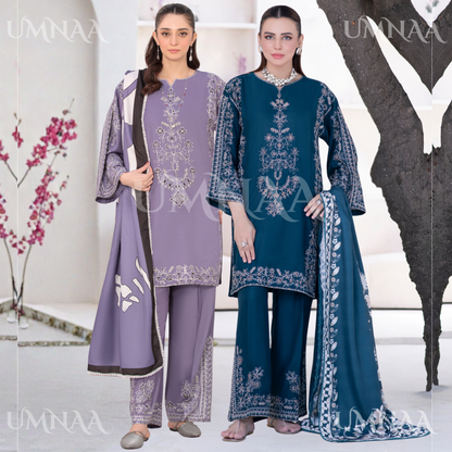 UA-146 Embroidered Linen dress with Pashmina Shawl | Umnaa