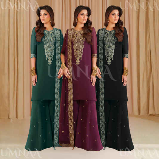 UA-133 Luxury Embroidered Chiffon Party Wear Asian sharara dress 3 Pc | Ready to Wear | Umnaa