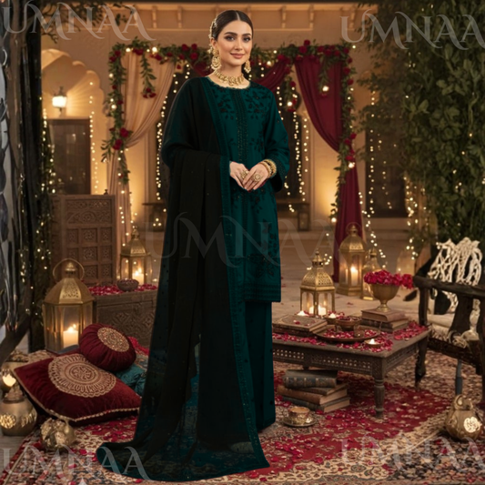 UA-158 Embroidered Viscose Dress 3 Pc by Umnaa