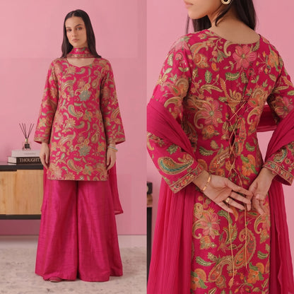 UA-244 Trendy Indian Armani Silk 3 Piece Suit by Umnaa | Embroidered Kameez with Shamoos Silk Bengali Shararah & Chiffon Dupatta | Festive & Party Wear