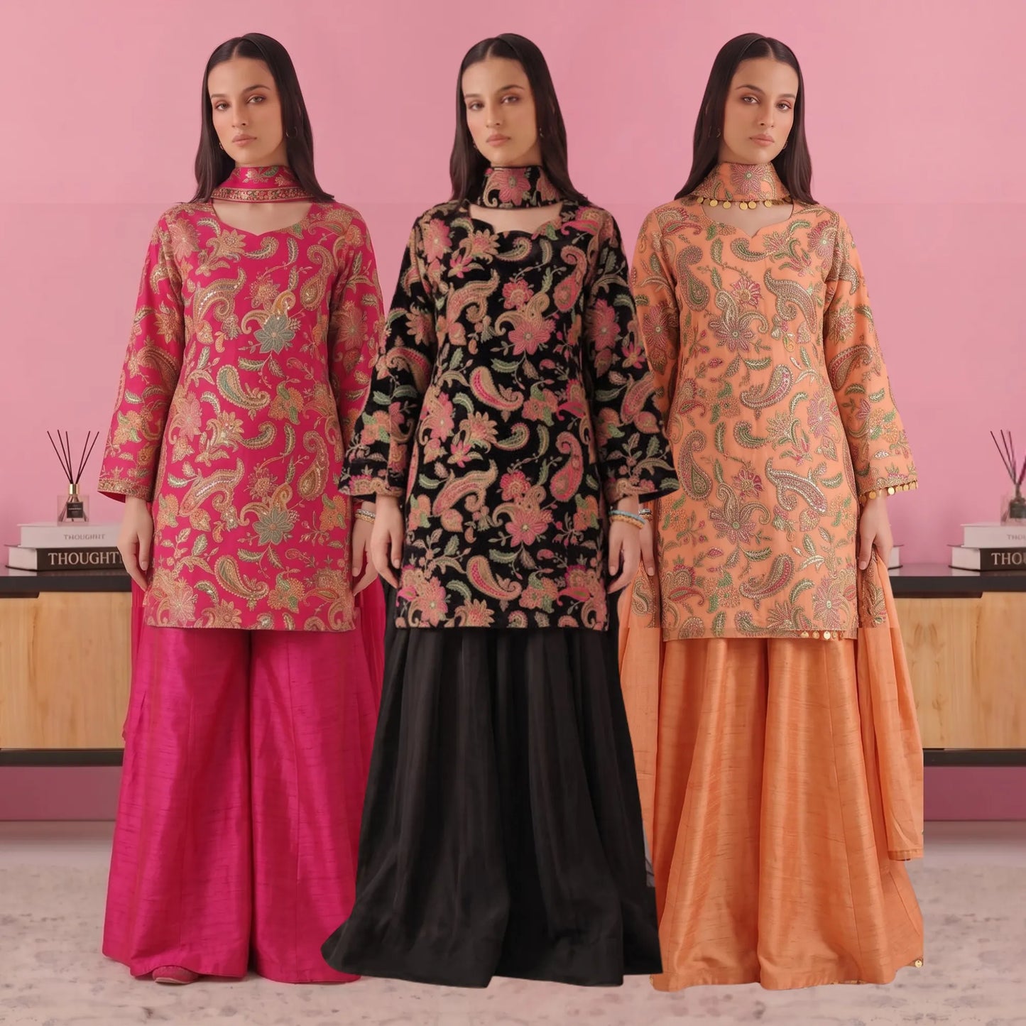 UA-244 Trendy Indian Armani Silk 3 Piece Suit by Umnaa | Embroidered Kameez with Shamoos Silk Bengali Shararah & Chiffon Dupatta | Festive & Party Wear