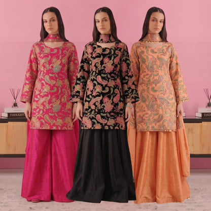 UA-244 Trendy Indian Armani Silk 3 Piece Suit by Umnaa | Embroidered Kameez with Shamoos Silk Bengali Shararah & Chiffon Dupatta | Festive & Party Wear
