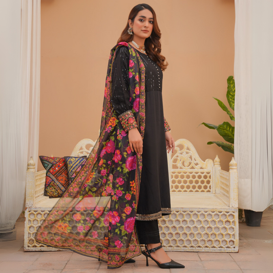 UA-27 (Black) Embroidered Viscose Dress & Chiffon Dupatta UMNAA