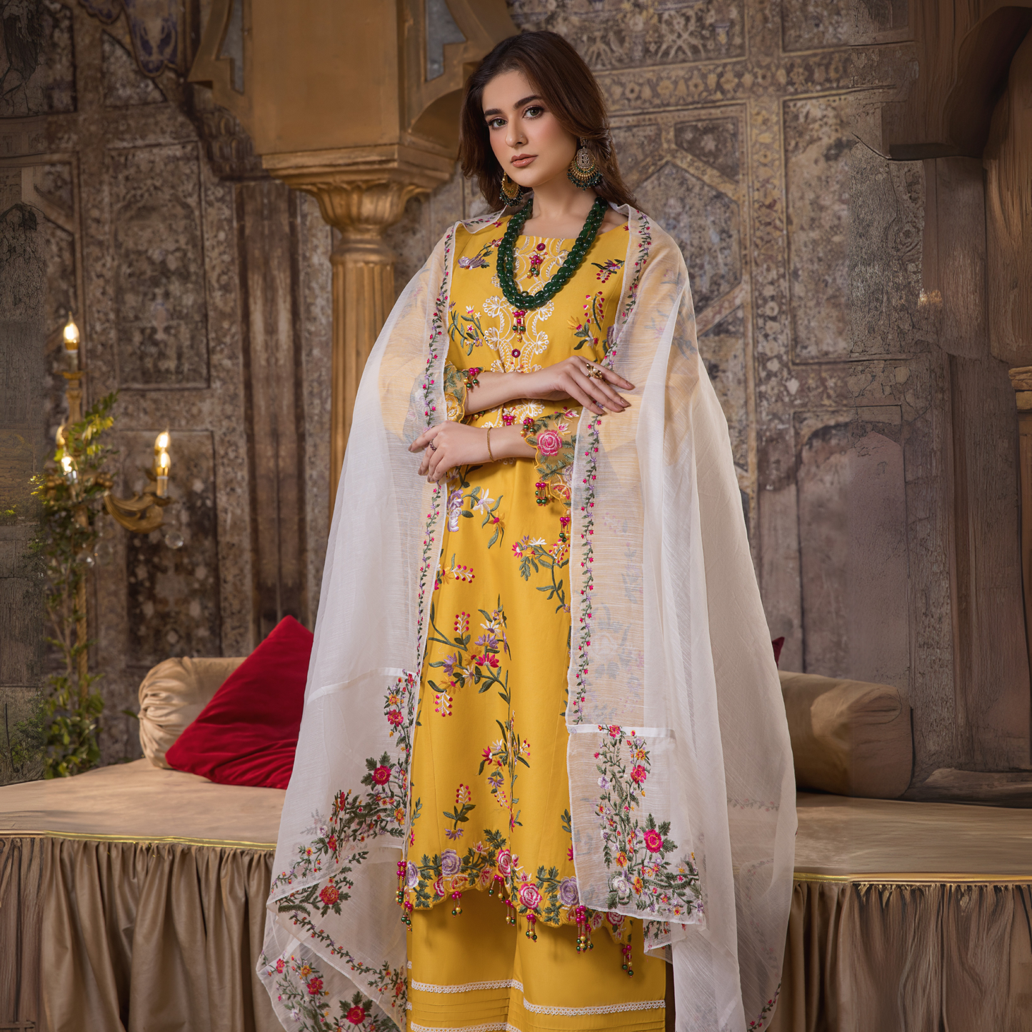 (Yellow) 3 Pc Embroidered Cambric Cotton Ready to Wear Dress | Eid Wear | Heera's
