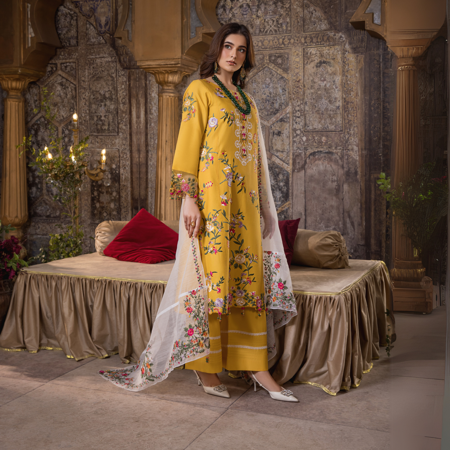 (Yellow) 3 Pc Embroidered Cambric Cotton Ready to Wear Dress | Eid Wear | Heera's