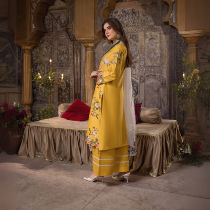 (Yellow) 3 Pc Embroidered Cambric Cotton Ready to Wear Dress | Eid Wear | Heera's