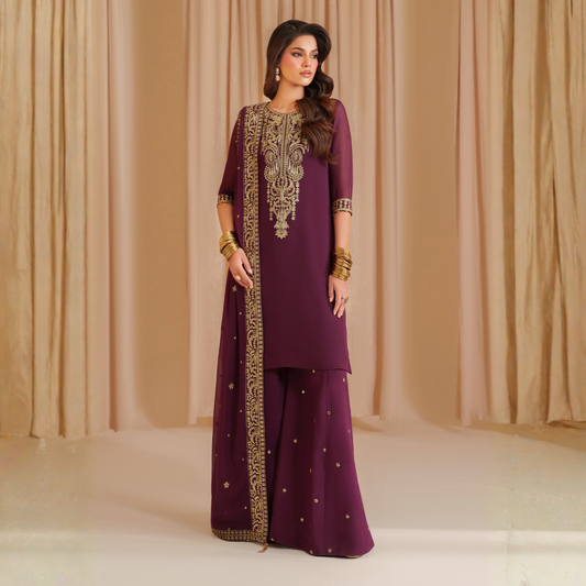 UA-133 Luxury Embroidered Chiffon Party Wear Asian sharara dress 3 Pc | Ready to Wear | Umnaa
