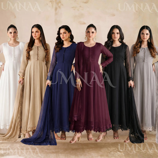 UA-204 Luxury Embroidered Chiffon Frock Collection 3 Pc | Ready to Wear | Umnaa