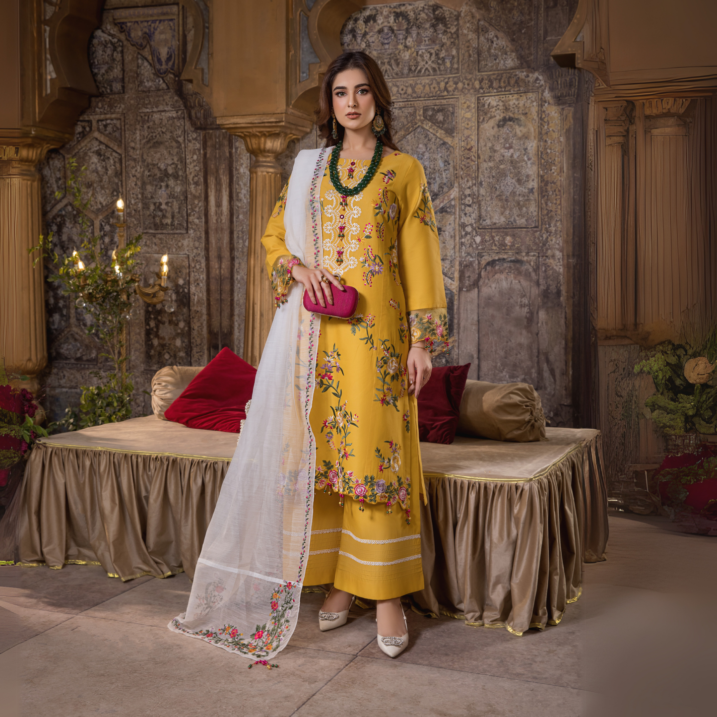 (Yellow) 3 Pc Embroidered Cambric Cotton Ready to Wear Dress | Eid Wear | Heera's